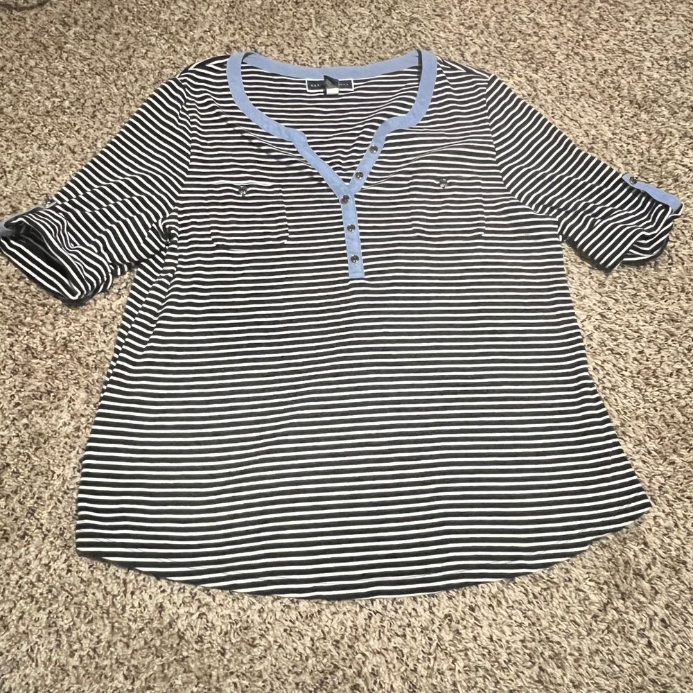 Karen Scott Casual Striped Henley‎ Top with Blue Trim and Button Details